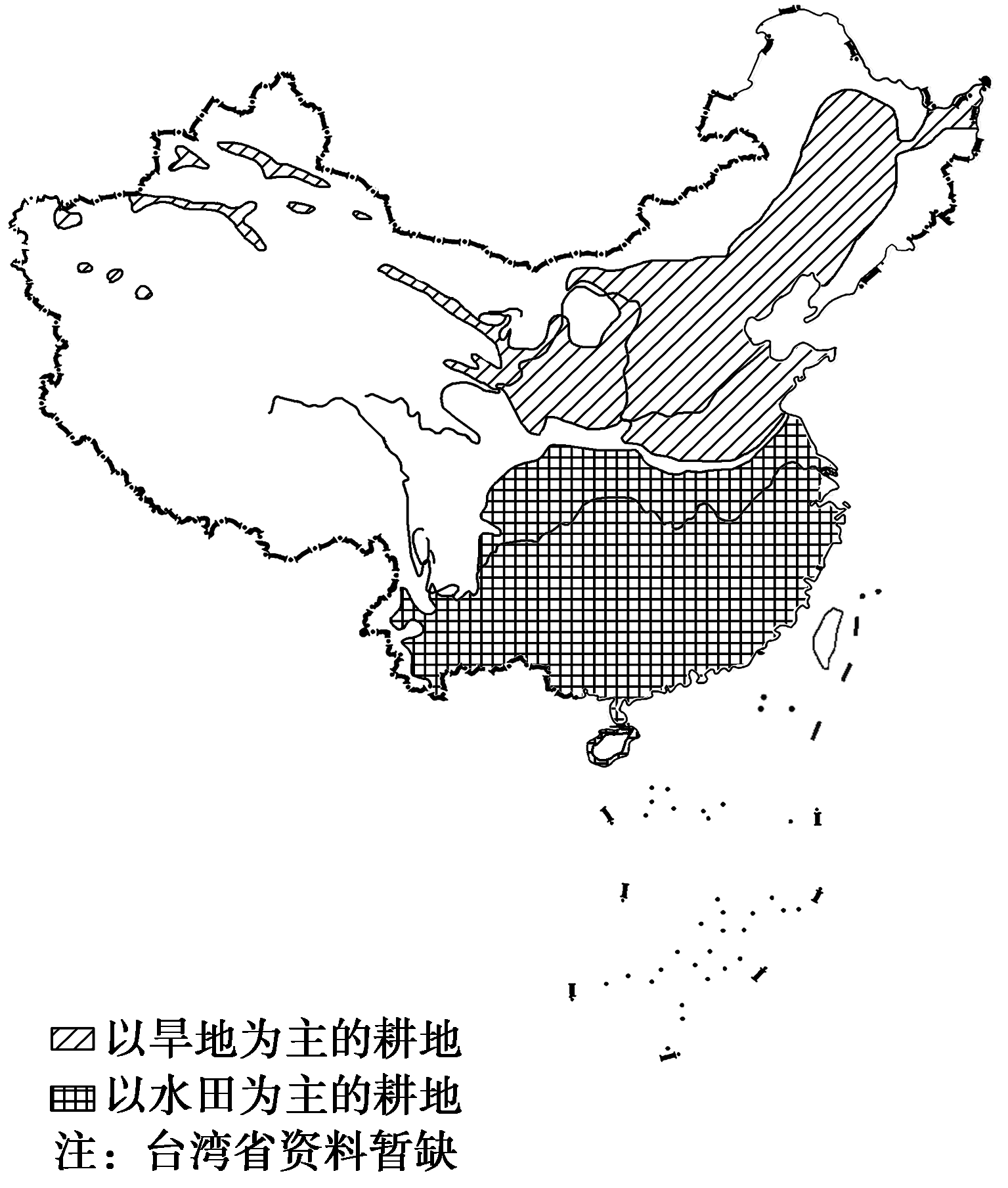 (1)从干湿地区来看,我国以水田为主的耕地和林地主要分布在哪一种干湿