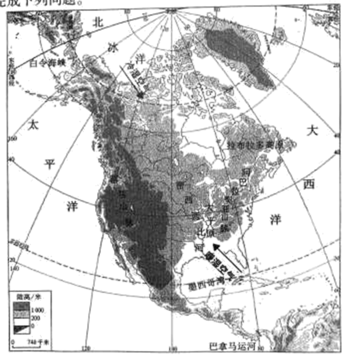 左图为"北美洲地形图,中图为亚欧大陆沿30°n地形剖面示意图,右图为