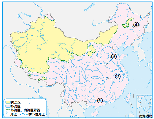 读我国内流区和外流区主要示意图完成下面小题