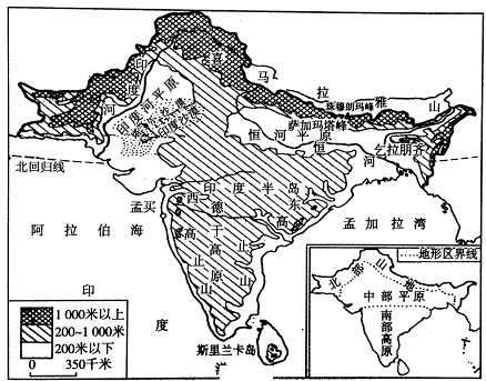 图为南亚地形图读图并结合表1数据回答下列问题