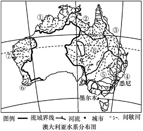 2 下图为澳大利亚水系分布图,读图回答以下问题