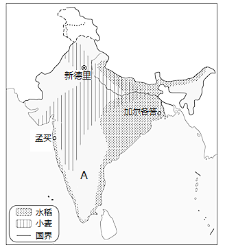 读印度粮食作物分布图,完成下列填空题.