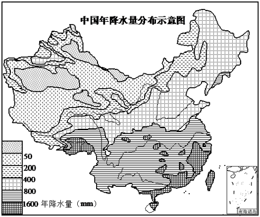 根据中国年降水量分布图完成下面小题