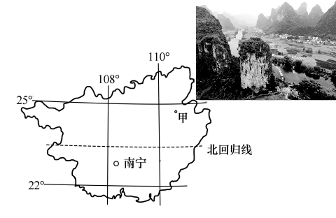 下图为我国广西壮族自治区甲地地理位置及其地貌景观