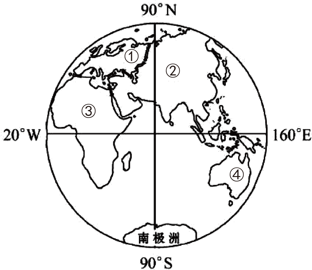 下图示意的是东半球,结合图中信息完成下面小题