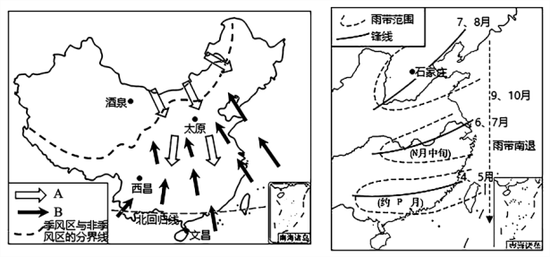 我國四大衛星發射中心,季風區的劃分及雨帶推移示意圖如圖所示.