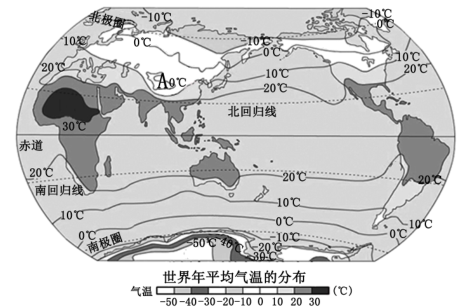 讀世界年平均氣溫分佈圖完成下列問題