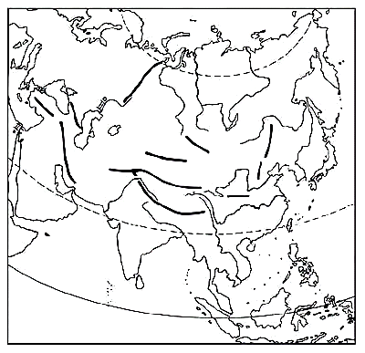 读亚洲主要山脉与河流分布简图完成下面小题