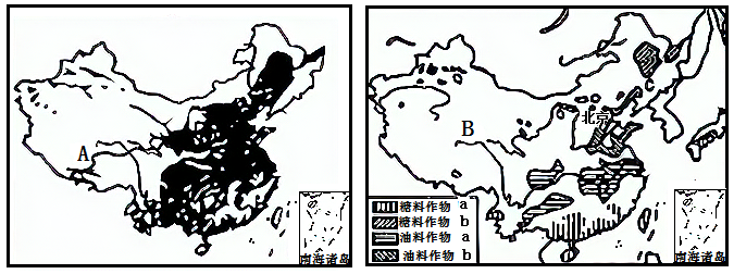 讀下面中國略圖及中國部分農作物分佈圖回答下列問題