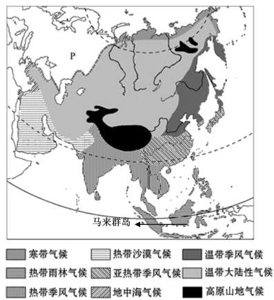 讀亞洲氣候類型分佈圖回答以下問題