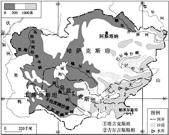 下图为中亚地形图,下表为阿斯塔纳与伦