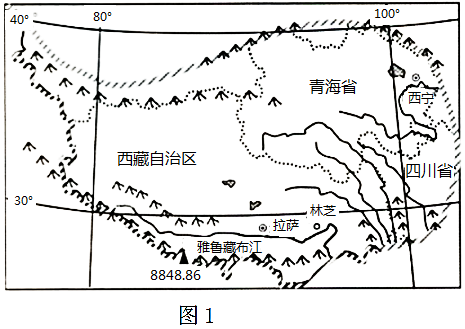 图1示意青藏地区,图2为雪山桃花景观读图回