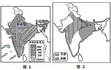 (1)读图1可知,印度年降水量大于1000毫米的地区主要分布在