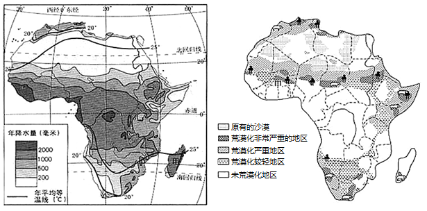 非洲是世界上土地荒漠化嚴重的地區下圖為非洲氣溫與年降水量分佈圖