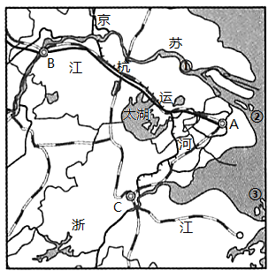 讀珠江三角洲與長江三角洲主要城市及交通線分佈圖,回答下列問題.