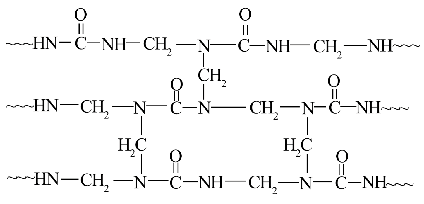 发生类似苯酚和甲醛的反应得到线型脲醛树脂,再通过交联形成网状结构