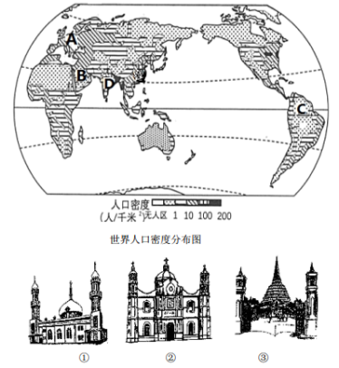 讀世界人口密度分佈圖和宗教建築圖回答問題