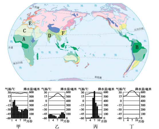 讀世界氣候類型分佈圖及氣溫曲線和降水量柱狀圖完成下列各題