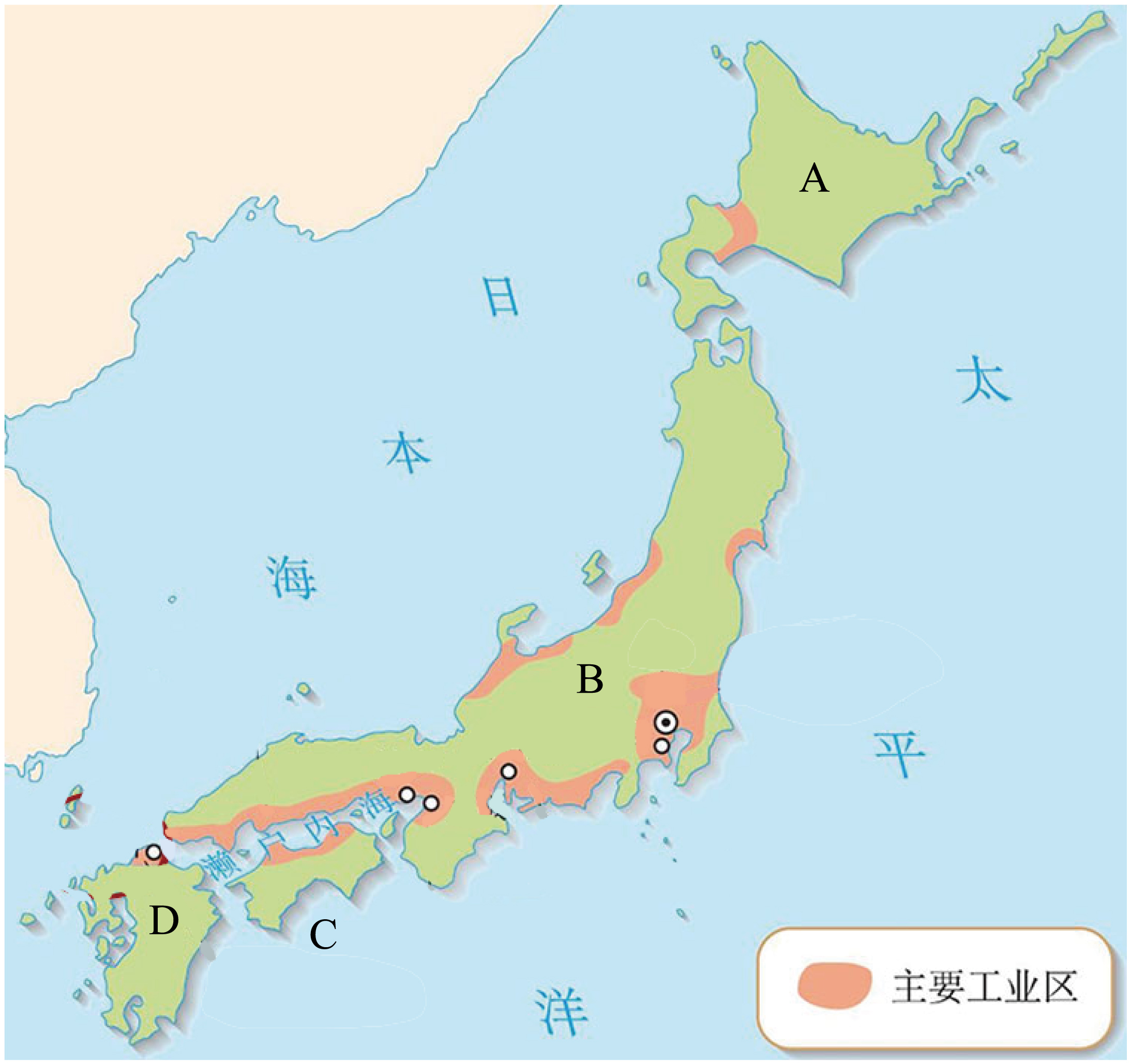 读日本主要工业区分布示意图完成下面小题
