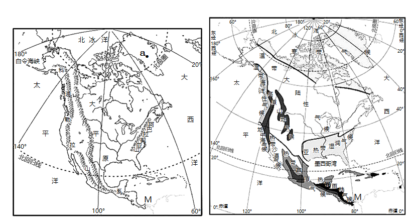 读北美洲山脉分布简图和北美洲气候类型分布图完成下面小题