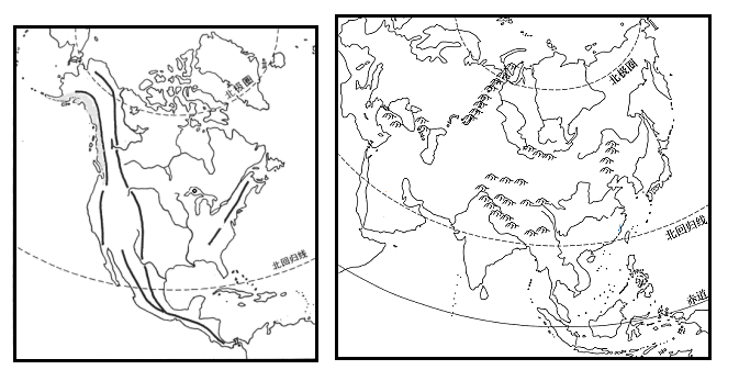 比較下面左圖北美洲地形圖和右圖亞洲地形圖完成下列各題