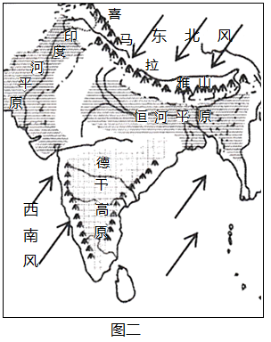 读南亚降水分布图,南亚地形简图和盛行风向图,南亚主要粮食作物分布图