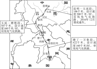 2021年12月全線通車下圖示意中老鐵路走向及各區間段相關信息讀圖完成