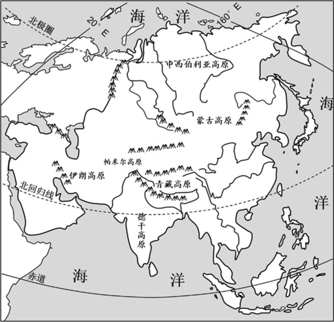 亚洲是世界上跨经度最广的大洲c地势起伏大,四周高,中部低b