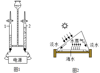(4)下图 1 为电解水实验的示意图,图 2 为太阳能海水淡化装置示意图
