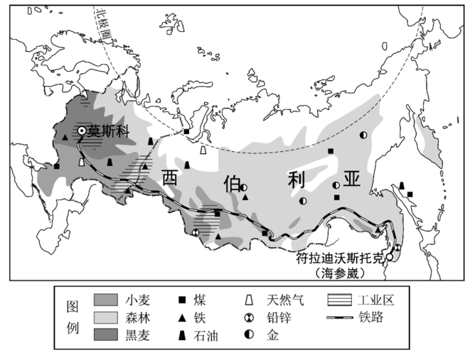 讀俄羅斯礦產資源和工業交通分佈圖完成下面小題
