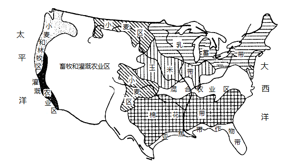 读美国本土农业带分布示意图图中所示的地理事物表述不正确的是