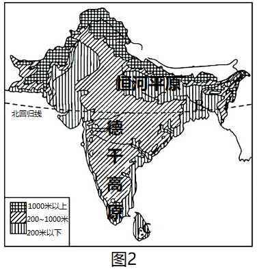 图1为印度年降水量分布图,图2为印度地形图,图3为印度主要农作物分布
