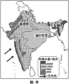 读印度降水量圈(图甲),地形图(图乙)及农作物分布圈(图丙),完成下面小