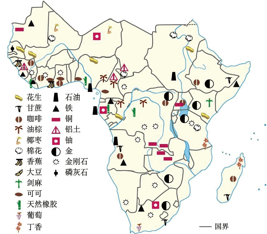 读撒哈拉以南非洲主要矿产资源和经济作物分布图,完成下面小题