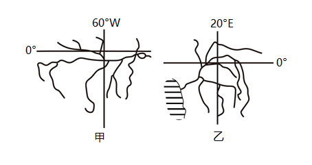 圖甲為亞馬孫河水系圖,乙為剛果河水系圖,對於兩條河流水文特徵的描述