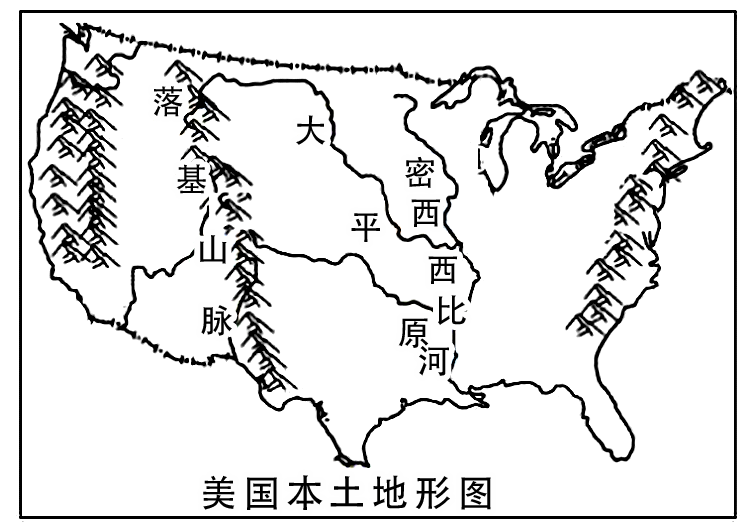 读美国农业带分布图和美国本土地形图,完成下面小题