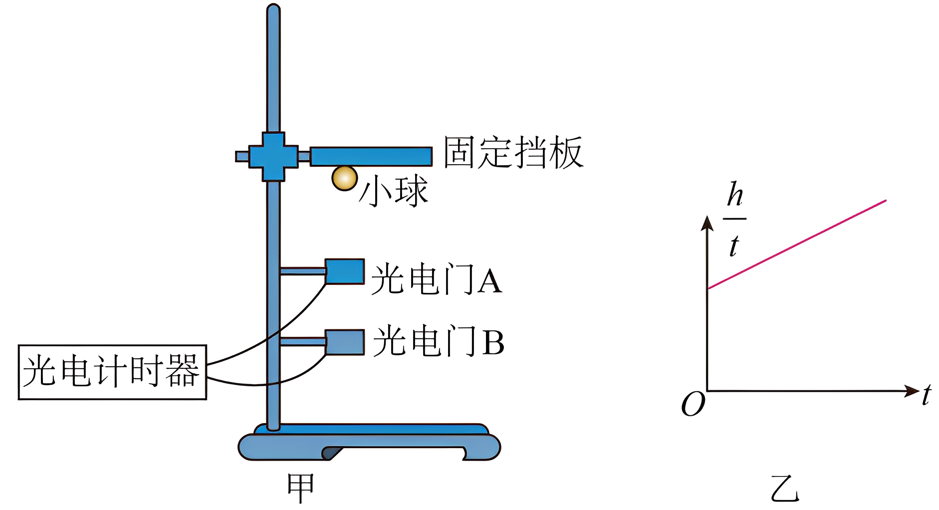 小明同学用如图甲所示装置测量当地的重力加速度,光电门a,b与光电