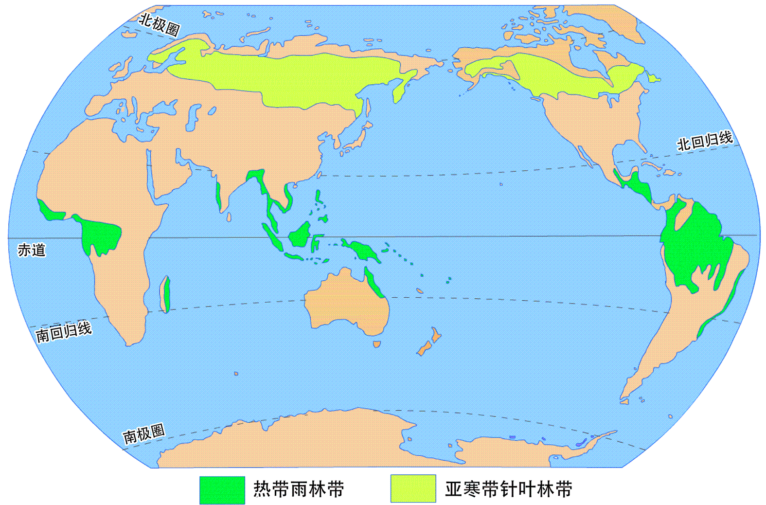 下图示意全球热带雨林和亚寒带针叶林分布