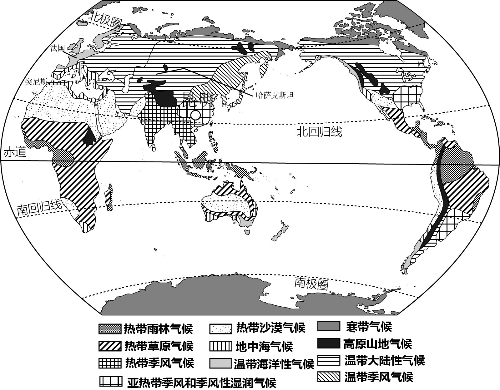 材料二 图为世界气候类型分布图