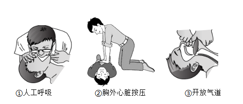 4 . 某人因不小心触电造成呼吸、心跳骤停，下列抢救措施顺序正确的是（）
